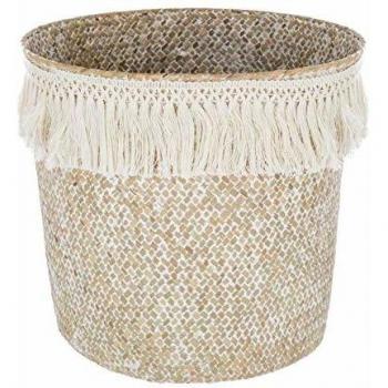 Cesta de Rincón en Caña Blanca con Flecos de Macramé 26x23 cm