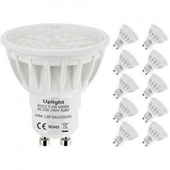 Uplight 5.5W Regulable Bombillas LED GU10,Blanco Frío 6000K,Equivalentes 50-60W,600LM Ra85,Paquete de 10.