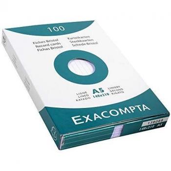 Exacompta Bristol - Tarjeta de registro, Rayado, A5, paquete de 100 tarjetas, Rayado, Blanco, A5, paquete de 100 tarjetas
