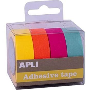 APLI - 18817 - Pack cintas adhesivas decorativas - papel tipo WASHI TAPE - colores flúor- 4 rollos- Cintas de 15 mm x 15 m