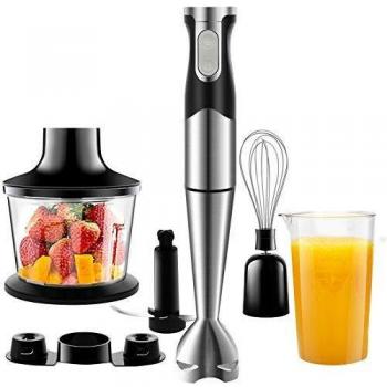 NWOUIIAY Batidora de Mano 1200W Batidoras Eléctrica Multifuncionales 6-EN-1 con Picadora, Batidor de Huevos, Vaso Medidor, Pie Desmontable Batidora de Cocina Función Turbo Cuchilla de Acero Inoxidable
