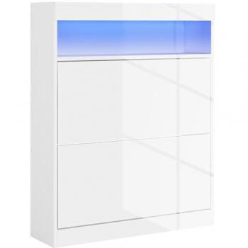 Mueble Zapatero Blanco Brillante con Luces LED, Estante Abierto y 2 Cajones Abatibles para 12-16 Pares de Zapatos 80x24x99,5 cm