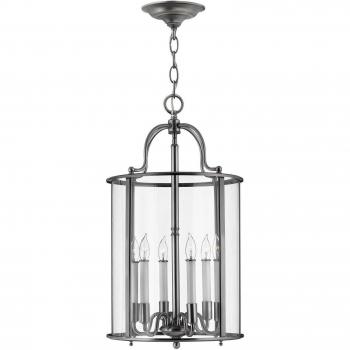 Lámpara colgante Gentry grande de Elstead, 6 luces, peltre y vidrio, base E14
