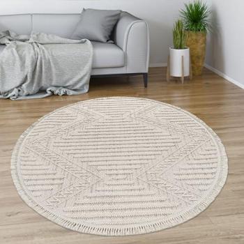 Alfombra Salon De Habitacion Pelo Corto Boho Chic Dibujo Geometrico con Flecos Ø 120 cm Redonda Color Crema 6