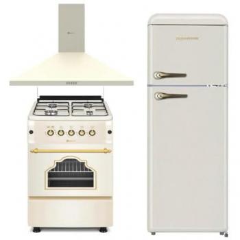 Combo Pack Cocina Gas Rústica Crema 50x55cm F5s40g2c + Campana Decorativa 60cm + Frigorífico Retro 1,47m Crema E