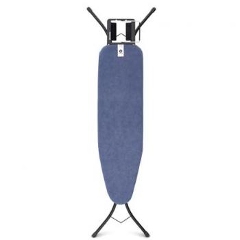 Brabantia Size A Ironing Board with Steam Iron Rest - Adjustable Height, Non-Slip Rubber Feet, Cotton Cover with Foam Layer, Foldable, Denim Blue - 110x30 cm