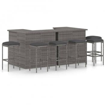 8-Piece Grey Poly Rattan Garden Bar Set with Cushions