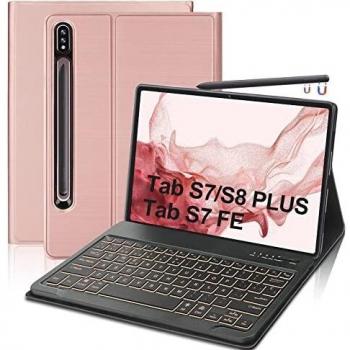 Funda con Teclado para Samsung Galaxy Tab S8+ 12.4''/S7 FE 2021/S7+ 2020,Funda Protectora con Teclado Bluetooth 7 Colores Retroiluminada Español Ñ,Teclado Desmontable para SM-T970/T975/T976/T978