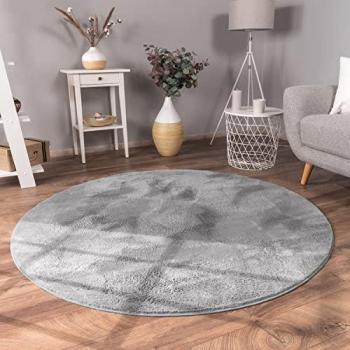 Alfombra Redonda de Pelo Largo Lavable en Lavadora, Suave y Peluda, Gris Ø 100 cm