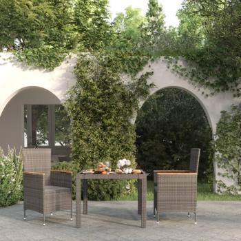 3 Piece Outdoor Dining Set with Cushions in Black and Grey Poly Rattan