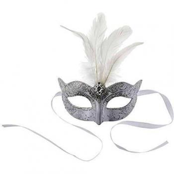 Smiffy'S 24571 Antifaz Veneciano Con Brillantina Con Plumas, Plata, Tamaño Único