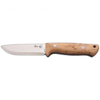 Cuchillo Bushcraft IBEX J&V con mango de Madera natural de abedul rizado, hoja de 11.5 cms y Funda marrón de piel - Herramienta versátil para Camping, Pesca, Caza y Actividades Deportivas