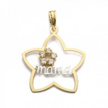 Colgante de oro bicolor con forma de flor calada, mensaje MAMÁ y circonitas