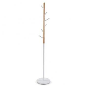 Perchero de Pie Escandinavo Blanco de Metal y Madera 28 x 180 x 28 cm