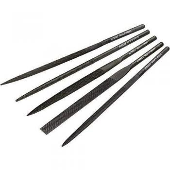 Juego de limas HAZET 9034P-050/5 - Set de 5 piezas, longitud 135 mm, incluye formas redonda, triangular, semirredonda, plana y cuadrada, ideal para eliminar rebabas y