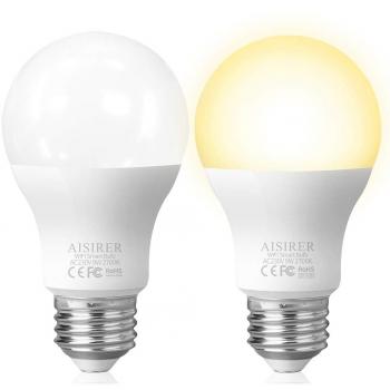 Bombilla Inteligente LED 9W WiFi Lámpara AISIRER LED WiFi Smart Bulb E27 no requiere Hub 2700K Equivalente 806LM Bombilla con Amazon Echo y Google Home 2 Pack