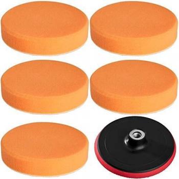 Tectake - 5 esponjas de suavidad media para pulir + plato 150mm con velcro, incluye 5 esponjas medio-suaves de 150 mm y un plato de rotación M14 con velcro