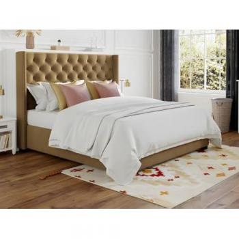 Cama con cabecero acolchado - 180 x 200 cm - Tela - Beige + Colchón - Massimo II
