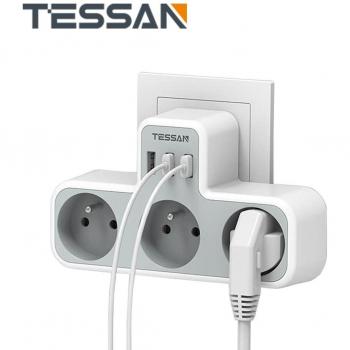 TESSAN Adaptador de Corriente 6 en 1 con 3 Tomas Francesas y 3 Puertos USB para Hogar, Oficina y Viajes