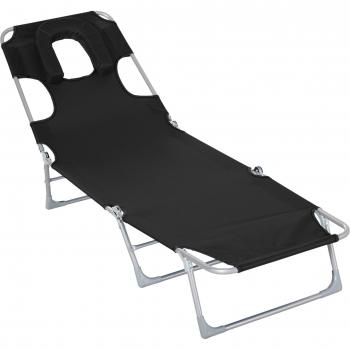 Tumbona Outsunny Reclinable y Plegable de Jardín con Orificio de Lectura, Reposacabezas y Respaldo Ajustable en 5 Niveles - Negro