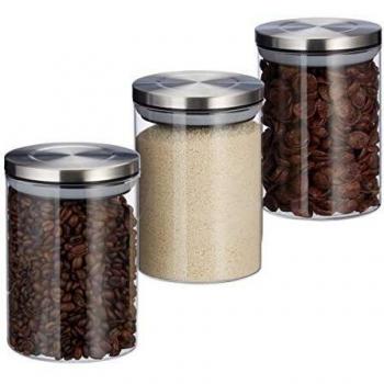 Set de 3 tarros de vidrio transparentes de 600 ml con tapa hermética de acero inoxidable para café, té y azúcar