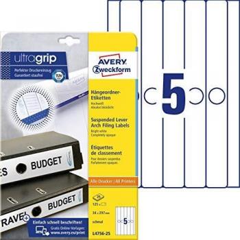 Etiquetas Para Carpeta Colgante Avery Zweckform L4756-25, 34x297 mm, 25 Hojas, Autoadhesivas, Blancas