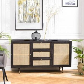 Aparador de madera de pino negro con 3 cajones y 2 puertas de rejilla
