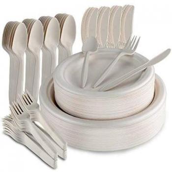 Aitsite Juego de Vajilla de 250 Piezas, Vajilla Ecológica Incluye 50 Platos de Papel Biodegradables, Tenedores, Cuchillos y Cucharas Combo para Fiesta, Camping, Picnic