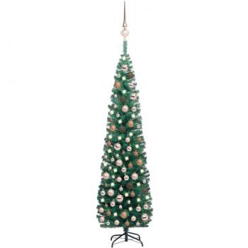 Árbol de Navidad artificial estrecho con LED y bolas verdes 210 cm