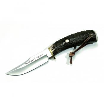 Cuchillo de caza Muela Braco BRACO-11A con puño de asta de ciervo, defensa de latón y hoja MOVA de 11 cm + tarjeta multiusos de regalo