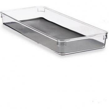 Organizador de Cajones Gris Transparente con diseño apilable, material plástico resistente, dimensiones de 30x20x10 cm, ideal para organizar utensilios de cocina, artículos de oficina o productos de belleza