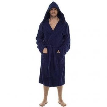 Hombre Lujo Tejido De Rizo AlgodÃ³n Albornoz Bata, Azul Marino Insignia Con Capucha, Large