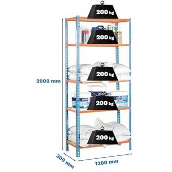 Estantería Metálica SimonRack Maderclick, 2000x1200x300 mm, 5 Baldas de Madera Ajustables, Soporta 200 kg de Punto Flexión por balda, Color Azul/Naranja/M