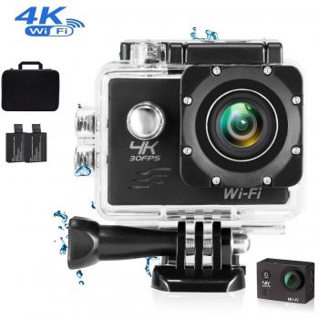 Cámara de Acción 4K Cámara Deportiva Wi-Fi 16MP Full HD 1080P Cámara impermeable con Sensor SONY Lmpermeable hasta 30m 2.0 '' LCD 170 ° Ultra Gran Angular con kit de Accesorios