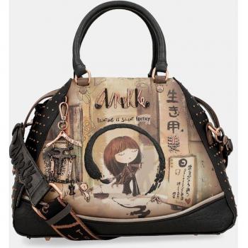 Anekke Shoen Bolso de Mano Grande con Asas Cortas, Bandolera Ancha Extraíble y Bolsillo Exterior con Cremallera, Material Sintético, Estampado Fantasía, Color Negro