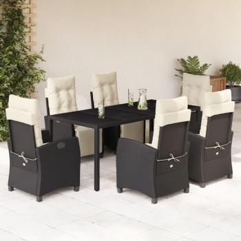 7-Piece Black Poly Rattan Garden Dining Set with Cushions