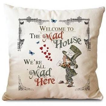 Alice in Wonderland Mad Hatter Tea Party Cushion Cover Mad House by Giraffe and Custard