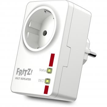 Fritz FRITZ!DECT Repeater 100 International - Repetidor DECT para teléfonos inalámbricos, enchufe integrado, interfaz en Español, blanco y rojo