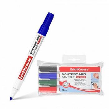 Erich Krause W-500 Bullet Tip Whiteboard Markers, Pack of 4 - Black, Blue, Red, Green - 0.8 to 2.5 mm Writing Width - Alcohol-Based Ink 12849