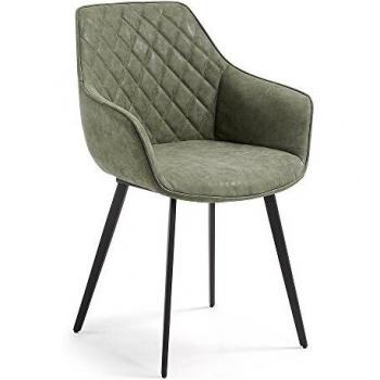 Kave Home - Silla de Comedor Amira Verde Oscuro de Piel sintética con reposabrazos y Patas de Acero en Negro