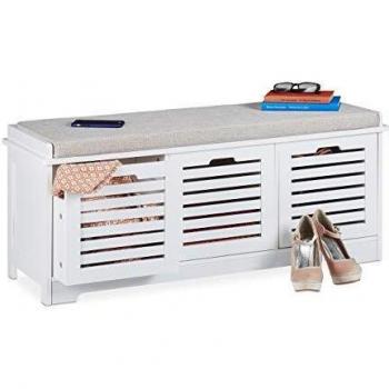 Banco de Almacenamiento Relaxdays con 3 Cajones y Cojín Suave, Mueble para Recibidor y Cocina, Dimensiones: 44 x 105 x 35 cm, Color Blanco