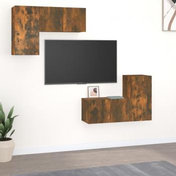 Set de muebles de salón TV 4 piezas madera contrachapada roble ahumado 60 x 30 x 30 cm, Mueble de Salón, Mueble TV, Mesa de TV