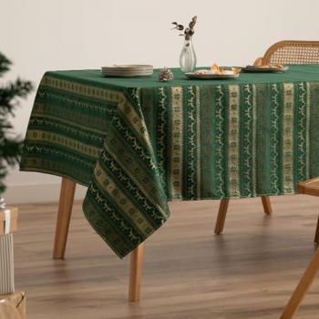 Mantel Navidad Algodón Jacquard Verde 140x300 cm Decoración Elegante con Hilo Dorado