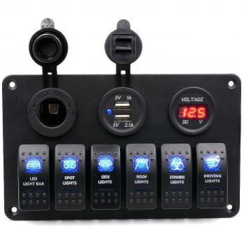 TurnRaise Panel de 6 interruptores basculantes con luces LED, impermeables, para coches o barcos, con voltímetro digital, encendedor de mechero de 12V y 2 cargadores adaptadores USB