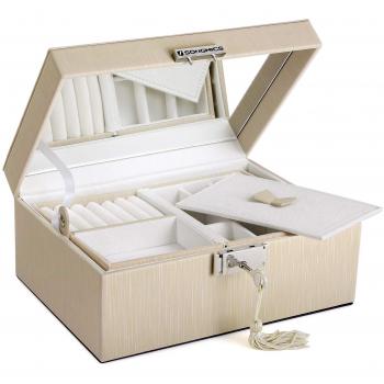 SONGMICS Caja Joyero 2 Niveles, Estuche de Joyas con Cerradura, Espejo Interior de Largo Completo, Bandeja Superior Plegable, Separador Extraíble, Regalo para los Seres Queridos, Beige JBC231BE