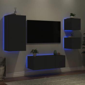 Mueble de TV de pared con LED 5 piezas en madera ingeniería color negro