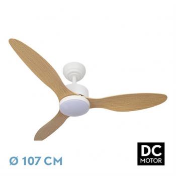Ventilador de Techo Serpa 24W con Luz Fabrilamp - Color Blanco, Tres Aspas color Haya, Seis Velocidades, Tres Temperaturas de Luz, Control Remoto, Regulador Intensidad, Temporizador