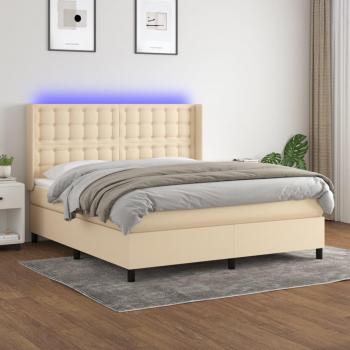 Cama box spring suave con colchón y luces LED 180x200 cm en tela crema