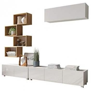 Conjunto de salón Providence B147, Blanco Brillante y Roble Dorado, Aglomerado Laminado, con Mesa de TV y Partes Separadas, 250 x 43 cm
