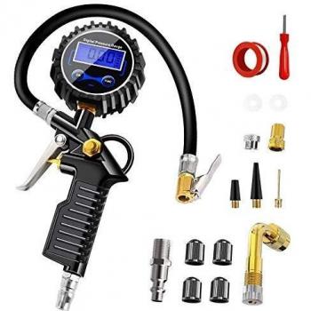 Anykuu Manómetro Presión Neumáticos Manómetro Digital Manómetro Inflador Neumáticos con Pantalla Digital LCD 220PSI de Alta Precisión Multi Accesorios para Coche Moto Bicicleta y Camión